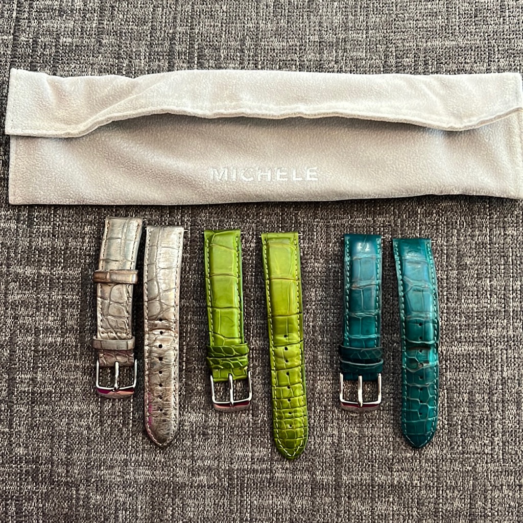 Michele Watch Straps In Silver, Green, And Blue